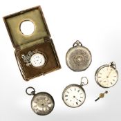 Five silver pocket watches.