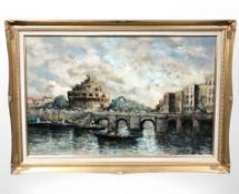 Continental School : Gondolas by Ponte Sant'Angelo with Mausoleum of Hadrian beyond, oil on board,