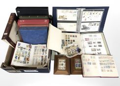 A box of Royal Mail and further stamp albums, Stanley Gibbons Worldex stamp album, loose stamps,