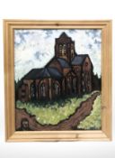 Ken Stewart : The church at Ouvers, oil on board, 40 cm x 49 cm.