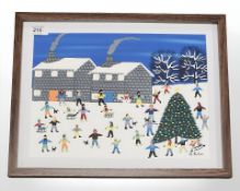 Gordon Barker : Village Christmas Tree, acrylic, 32 cm x 24 cm, signed.