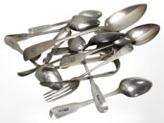 A group of 19th century and later cutlery to include three pairs of sugar tongs, tea spoons,