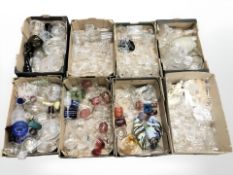 Eight boxes of antique and later glass, decanters, cut crystal, baskets, coloured glass, etc.