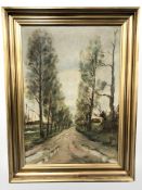 20th Century School : A tree lined road, oil on canvas, 43 cm x 62 cm.