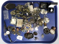 An antique silver trench watch, together with costume jewellery, Scottish agate brooch,