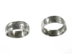 Two silver rings frormed fron a half crown coin and a florin coin.