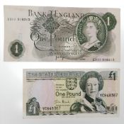A Bank of England One Pound note (faulted), together with The States of Jersey One Pound note.