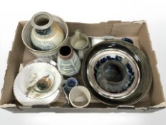 A box of studio ceramics, pottery vases and bowls.