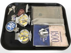 A group of vintage car badges, AA, RAC, Wolseley,
