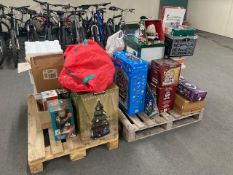 Two pallets containing a large quantity of Christmas decorations and ornaments,