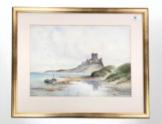 W Ryder : Fishermen in a Boat with Bamburgh Castle Beyond, watercolour, signed, 31 cm x 43 cm,