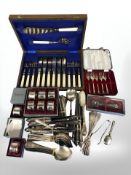 A tray containing a quantity of good quality silver plated cutlery, oak canteen box,