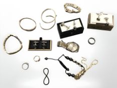 Three pairs of novelty cufflinks together with stainless steel wristwatch, bangles and bracelet,