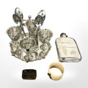 A silver plated hip flask, a antique snuff box mounted with agate (as found),