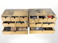 A pair of six drawer ply storage chests containing hardware, screws, etc,