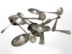 A group of antique and later teaspoons, tourist spoons, salt spoon, etc.