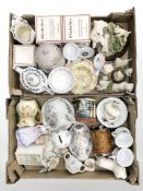 Two boxes of ceramics, dog ornaments, Wedgwood Peter Rabbit china, etc.