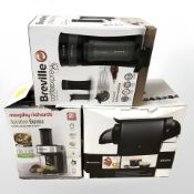 A Krups coffee maker, a Morphy Richards spiraliser and a Breville coffee maker.