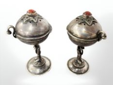A pair of late 19th century Russian Judaica silver Besamim spice towers, height 7.5 cm.
