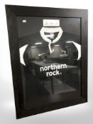 A signed Newcastle Falcons rugby shirt, season 2007/08, framed.