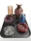 Six pieces of 20th century studio glass including an Walther glass 