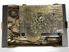 A group of brass ornaments, a brass magazine rack, a miner's lamp, etc.