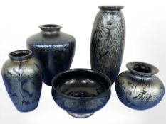 A group of iridescent glass vases, studio glass by Brierley.