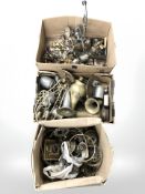 Three boxes of copper, brass, metal ware, light fitting components, etc.