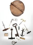 A good collection of corkscrews, antique and vintage, German stripy legs corkscrew, antique key,
