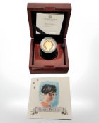 A Royal Mint 2022 1/4 oz 0.999 gold proof Harry Potter coin, with certificate of authenticity.