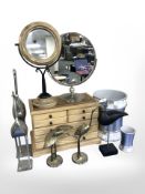 A wooden jewellery box, together with dressing table mirrors, brass bird figures,
