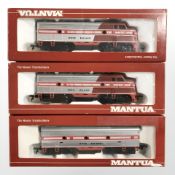 Three Mantua Rock Island and Pacific locomotive engines.