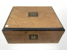 A Victorian workbox inset with brass panel, width 31 cm.