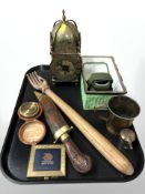 A continental brass lantern clock, together with wooden back scratcher, Indian dagger,