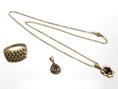 A 9ct yellow gold ring size T, together with 9ct gold pendant and gold plated pendant on chain.