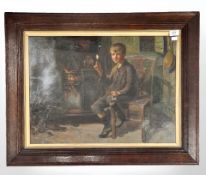 John William Gilroy (1868-1944) : A Young Boy Sitting on a Chair by a Fire, oil on canvas, signed,