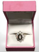 A 9ct yellow gold synthetic opal and sapphire cluster ring, size N.