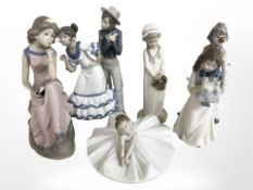A group of ceramic figures including Nao ballerina, further Spanish cascade figures.