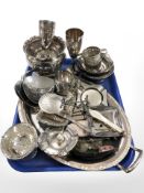 A group of silver plated items, antique sovereign scales in case, a cigar cutter, plated wares,
