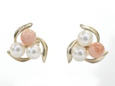A pair of 14ct yellow gold pearl and coral cluster earrings.