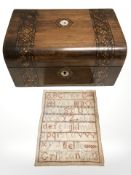 A Victorian inlaid jewellery box, together with a small antique sampler.