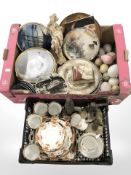 A basket containing antique tea china, modern figures, a blue and white meat plate,