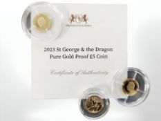 Two Harrington & Byrne 2023 St George & the Dragon Pure Gold Proof £5 coins, with one certificate,