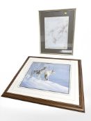 A colour print depicting wolves, 41 cm x 51 cm,