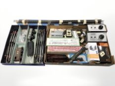 A group of model railway items to include power packs, Hornby OO tin plate part train, track,