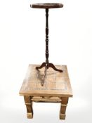 A plant stand with leather inset top together with a coffee table, width 61 cm.