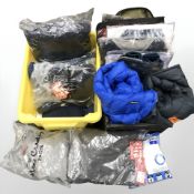 Two crates of new stock items including sleeping bags, clothing, jumpers, Cotton Traders clothing,