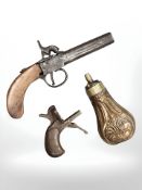A 19th century percussion cap pistol with removable screw thread barrel,