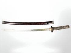 A Second World War Japanese Shinto Katana, with wood-effect red-lacquered saya, blade 61cm.