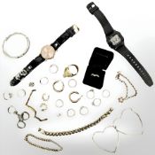 A group of jewellery : sterling silver dress rings, earrings, watches Casio etc, chunky brass ring,